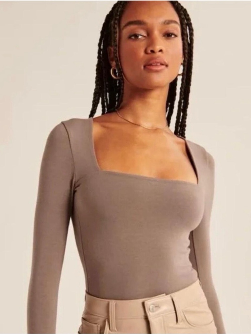 Abercrombie & Fitch Taupe Square-Neck Long Sleeve Bodysuit